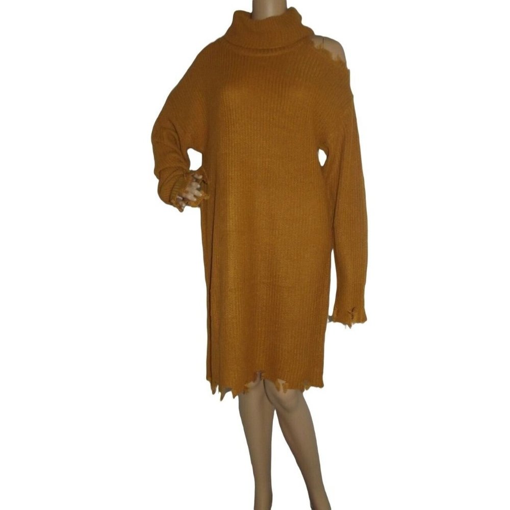 No Comment 3X Gold One Open Cold Shoulder Distressed Sweater Dress Tunic xxxl